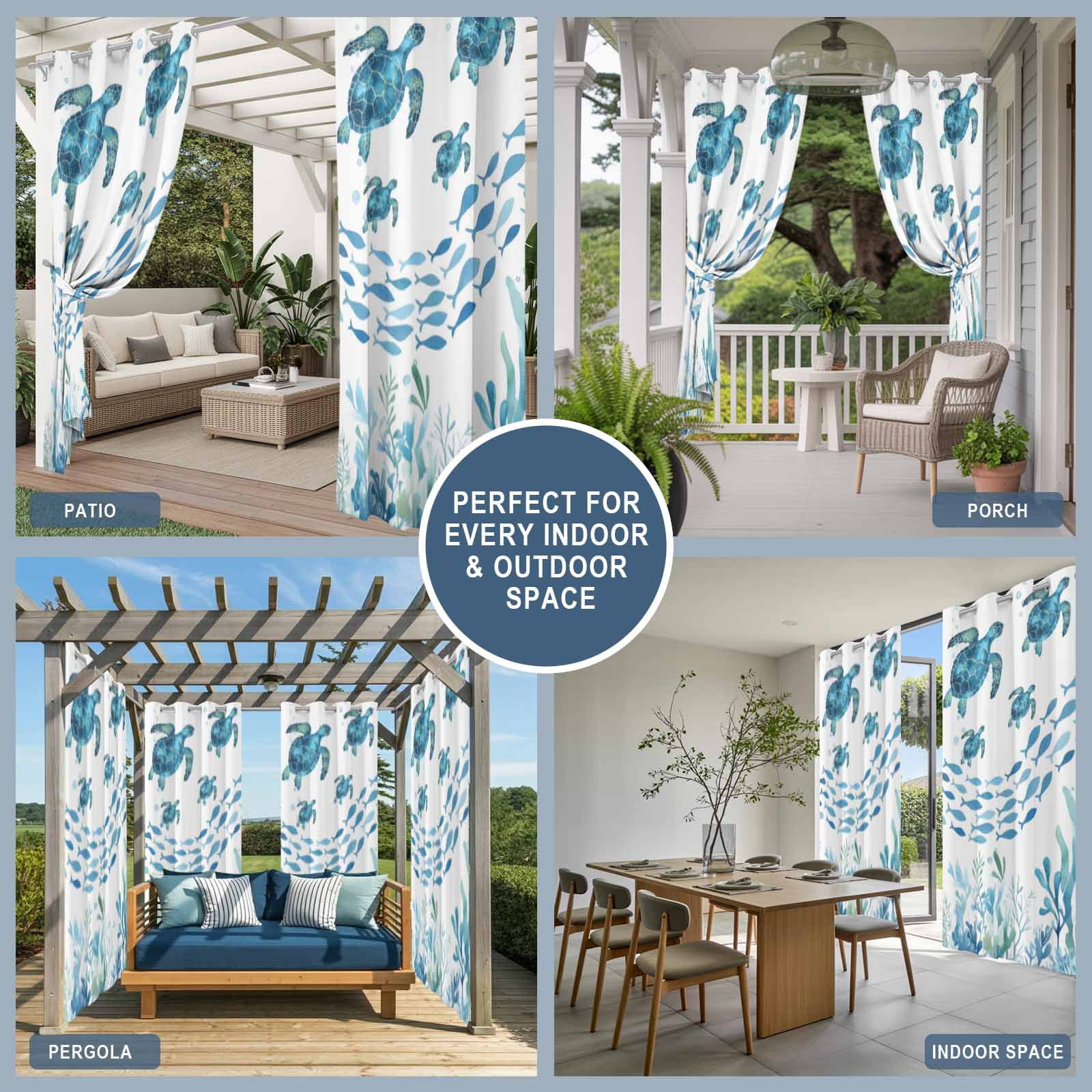 Sea Turtle Outdoor Curtains for Patio, Watercolor Ocean Blue Turtle Fish Seaweed Sunshade Privacy Drapes Grommet Waterproof Outside Curtains for Porch/Cabana/Balcony 54"x 95", 2 Panel