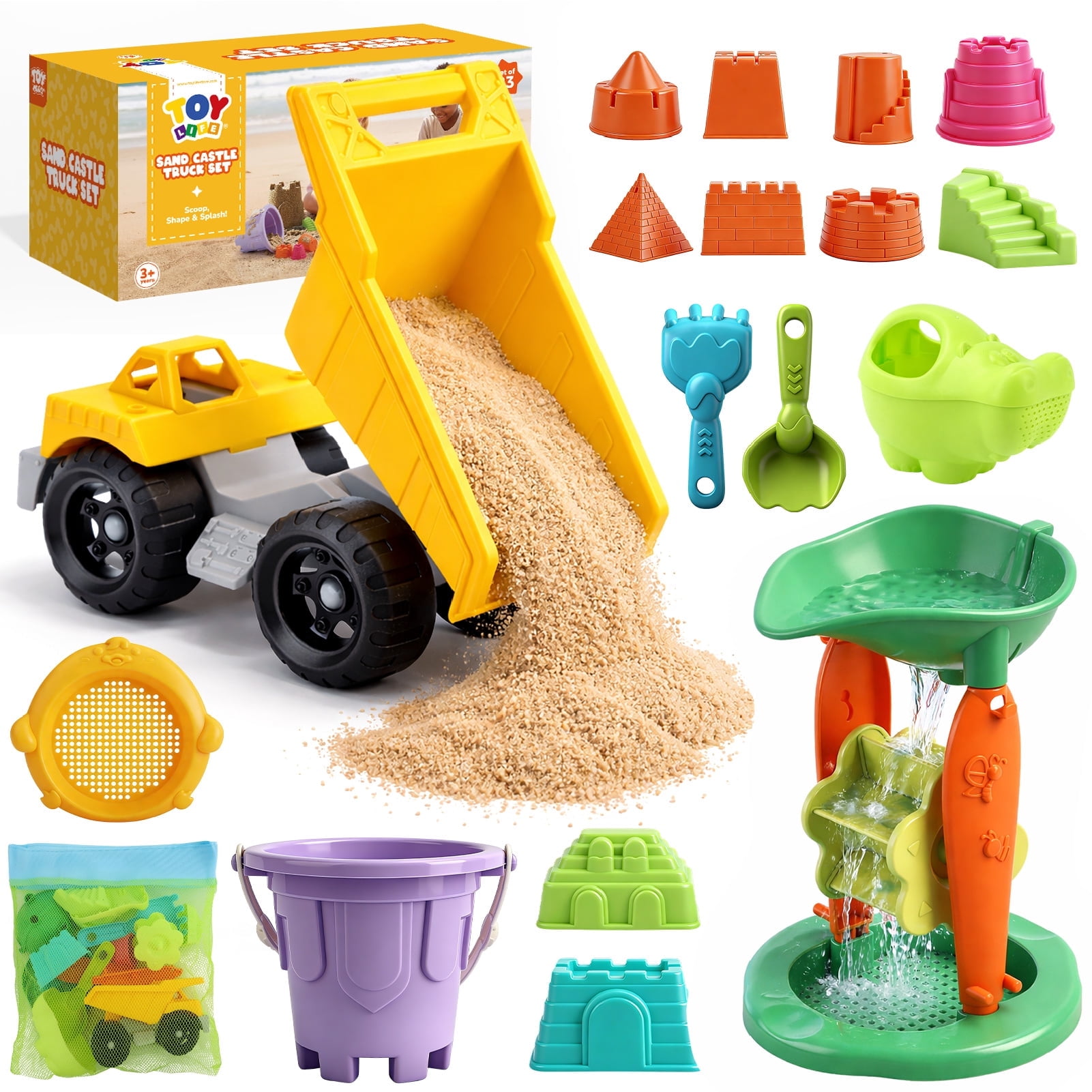 TOY Life 23 Pcs Beach Toys for Kids Sand Toys with Construction Cars Castle Bucket Shovels & Sand Castle Building Kit Molds Sandbox Toy for Summer Water Play Travel Fishing