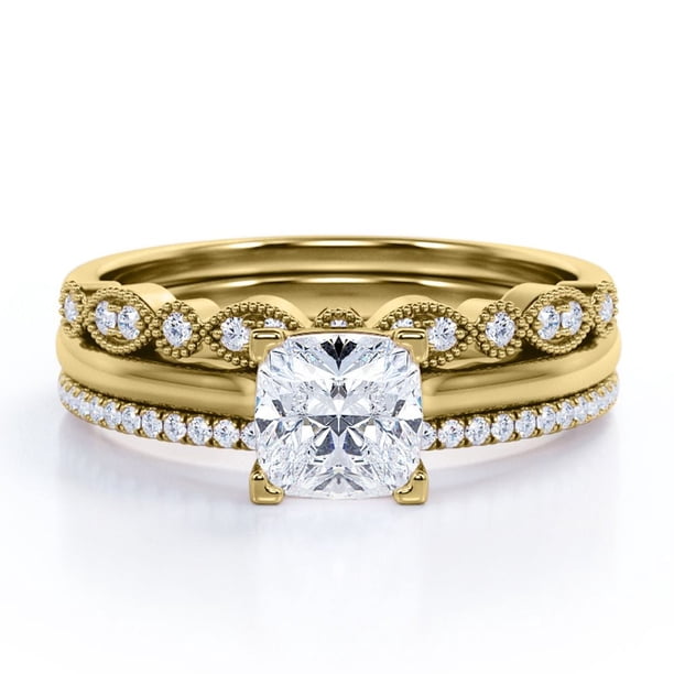 JeenMata Juego de Anillos de Boda Estilo Princesa de 2 Quilates - Juego de Novia - Juego de Trío de Boda - Anillo de Compromiso - Anillo Art Déco - Anillo de Promesa - Plata Esterlina