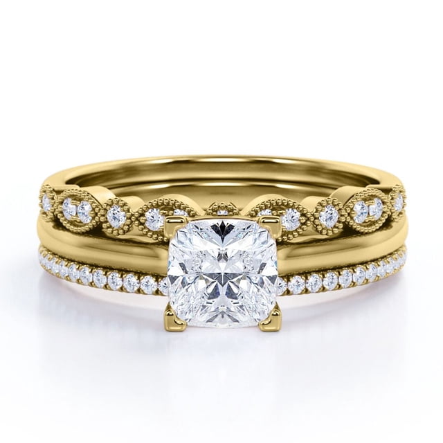 JeenMata Juego de Anillos de Boda Estilo Princesa de 2 Quilates - Juego de Novia - Juego de Trío de Boda - Anillo de Compromiso - Anillo Art Déco - Anillo de Promesa - Plata Esterlina
