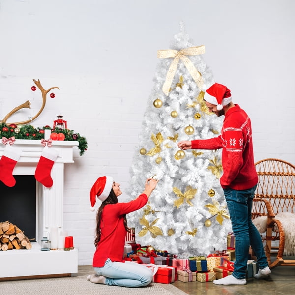 7.5FT White Pre-Lit Christmas Tree - 1600 PVC Branch Tips 400 Warm White LEDs Bow/Golden Flower Ornaments Easy Setup for Home
