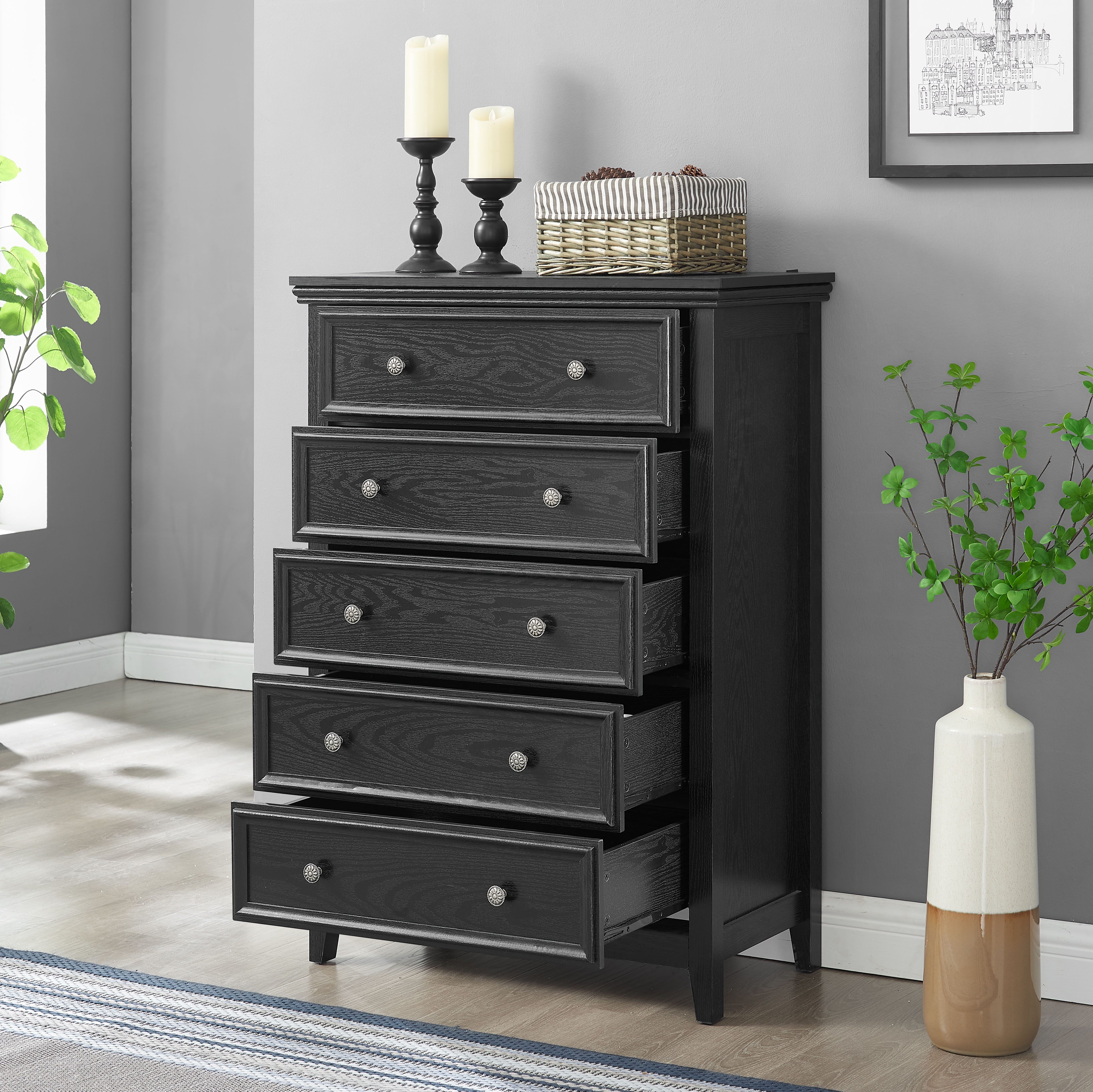 Modern Farmhouse 5 Drawer Dresser Chests, Dressers for Bedroom, Wood Rustic Tall Chest of Drawers Closet Organizer & Storage Clothes for Living Room, Hallway
