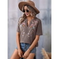 thumbnail image 4 of Camisas Mexicanas para Mujer, Blusa Tradicional de Verano Bordada, Túnica Floral, Cuello en V, Camiseta de Corta. Marrón Oscuro S, 4 of 8