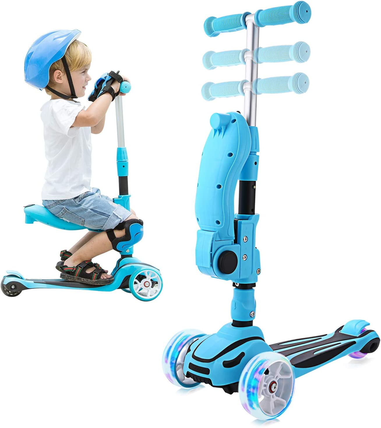 Y100 2-in-1 Scooter for Kids with Folding Removable Seat ZERO ASSEMBLY Fun Outdoor Toys for Kids Fitness 3 LED Flashing Wheels Adjustable Height Kick Scooter for Toddlers Girls /& Boys 2-12 Years-Old