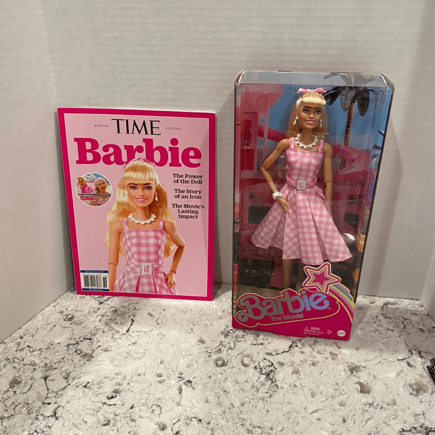 Barbie Doll Margot Wearing Pink and White Gingham Dress Bundled with Magazine