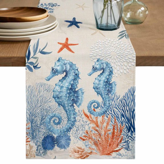 Blue Red Seahorse Coastal Table Runner 120 Inches, Rustic Beach Coral Nautical Bed Runner Dresser Scarves Tabletop for Indoor Outdoor Parties/Ceremony/Banquet, 13"x 120"