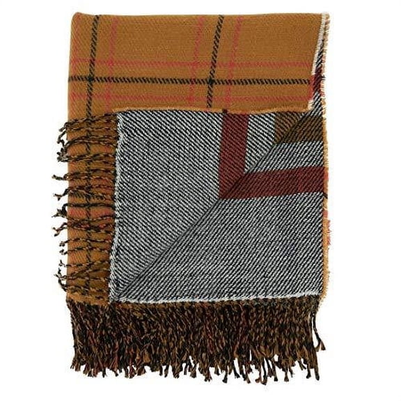 Fennco Styles Reversible Rust Plaid Stripes Fringe Throw Blanket 50" W x 60" L