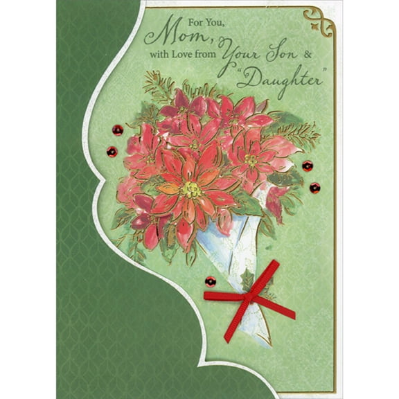 Designer Greetings 3D Flower, Bouquet, Red Ribbon and Sequins with Die Cut Green Border Hand Crafted Mom Christmas Card from Son