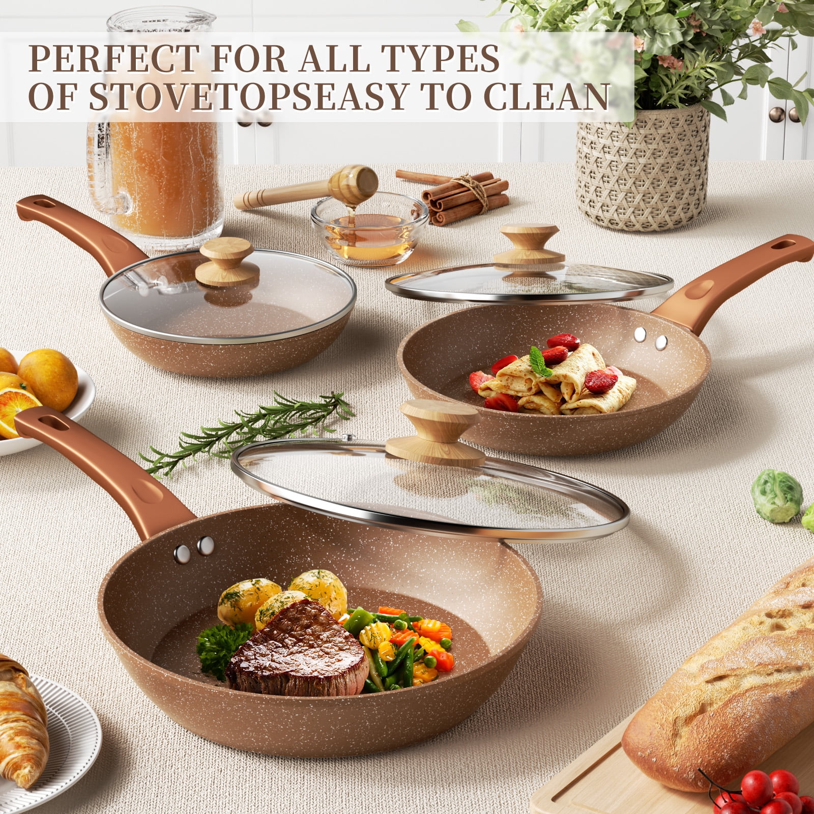 Innerwell Granite Nonstick Frying Pan Set with Lids, Induction Skillet, 6-Piece Cookware Set