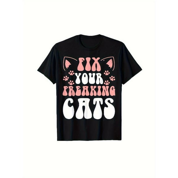 Cats T-Shirt Graphic Tee Funny Top Cotton Loose Fit Short Sleeve Casual Shirt Comfort Black S-5XL