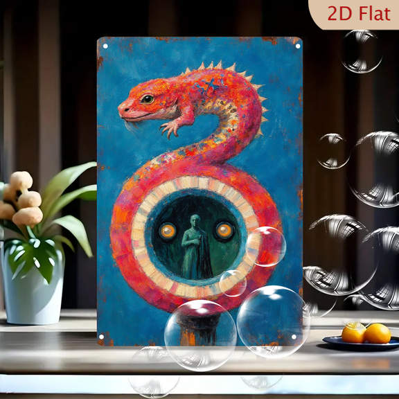 Surreal Salamander Portal Art Print, 8x12 Inches Metal Wall Decor, Vibrant Fiery Newt Creature Over Mystical Orb Window, Textured Blue Background, Modern Home Office Gallery Piece
