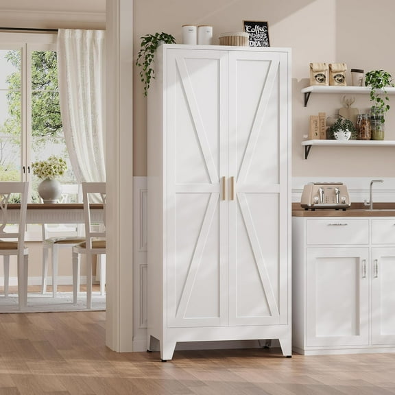71" H Tall Kitchen Pantry Cabinet,Metal Food Storage Cabinets, White Kitchen Cabinet with Doors and Shelves, Large Freestanding Cabinets with Storage for Dining Room, Living Room