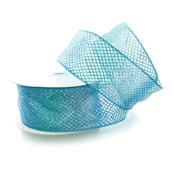 Ribbon Traditions 2 1/2" Wired Ribbon Sheer Ombre Glitter Diamond Mesh - Blue - 10yds