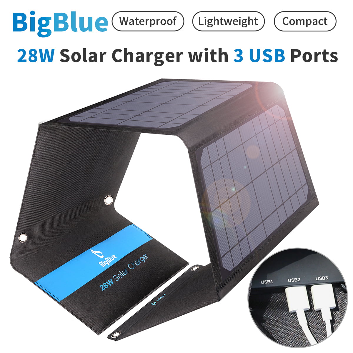 iPad Solar Charger 6V 28W Portable Solar Charger for Cell Phone Dual USB Ports Waterproof Power Bank Foldable Battery Chargers for iPhone Xs XS Max XR X 8 7 Plus Galaxy S9 S8 Note 8 and More Black
