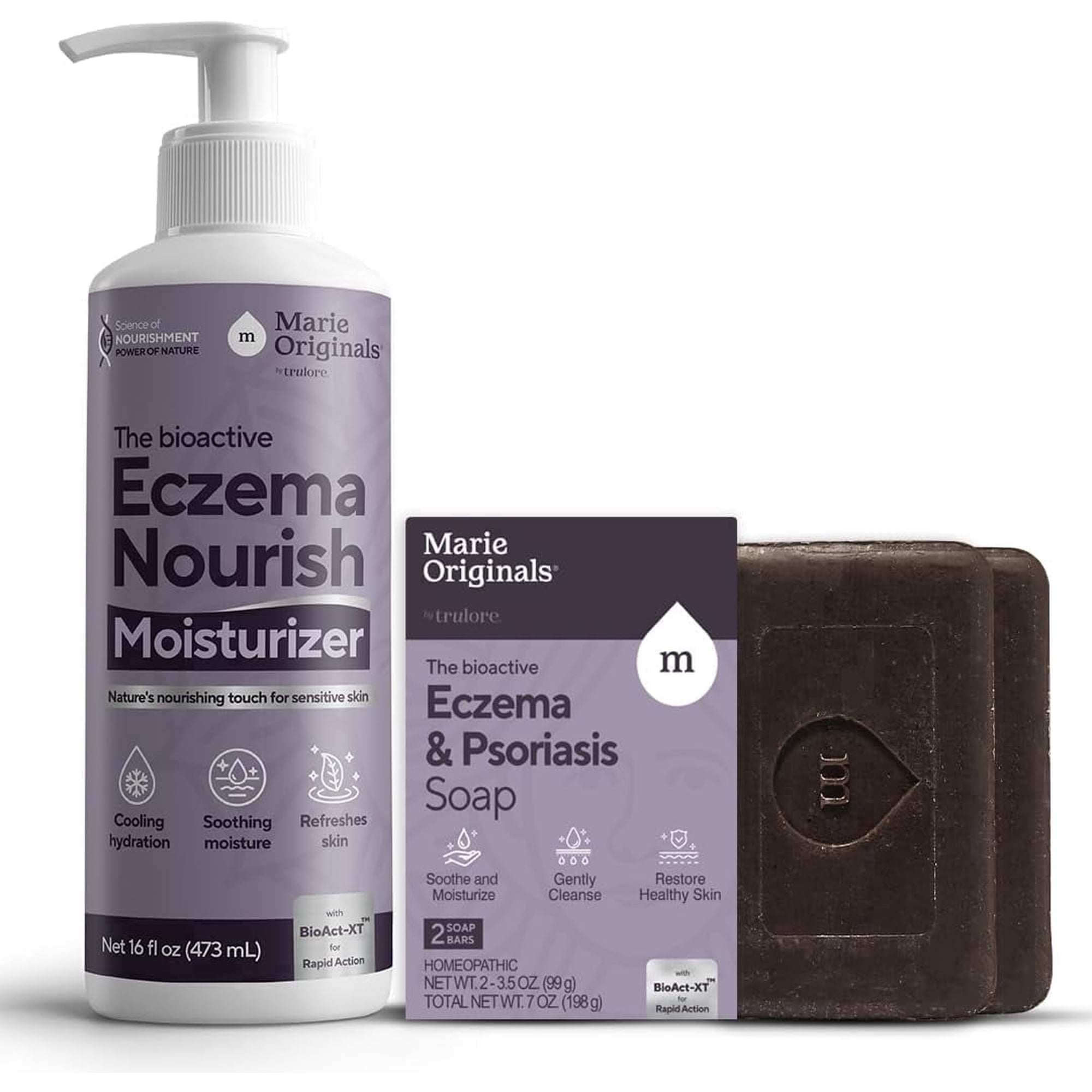 Marie Originals Eczema Relief Bundle – Eczema Soap Bar 2-Pack & 16 Oz Lotion for Dry, Itchy Skin – Colloidal Oatmeal Lotion + Natural Soap for Sensitive Skin, Adults & Kids