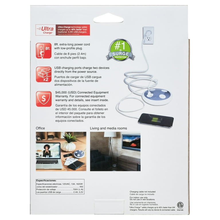 GE 3-Grounded Outlet Surge Orb with USB, 8 ft., Gray - 41386