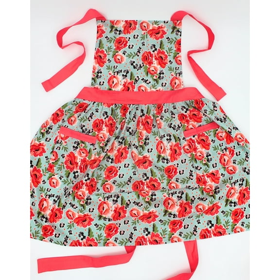 Handmade Floral Rose Full Chef Apron with Pockets for Kitchen Baking Cooking Artist - Adjustable Ties
