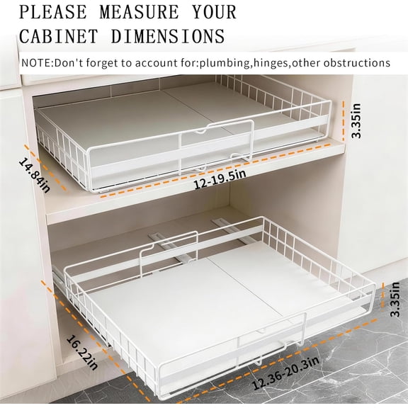 2 Pack Expandable Pull Out Cabinet Organizer, Width (13"-21") Depth (16"-26") White Metal Kitchen Storage Rack with 3 Slide Rails
