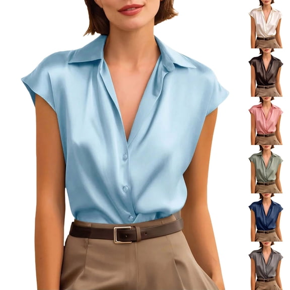 Only Moment Women's Short Sleeve Tops Short Sleeve V Neck Satin Short Sleeve Shirts Buttons Spring Fashion Summer Outfits Plus Size Blouses Dressy Casual Blouses for Women Casual Light Blue,S