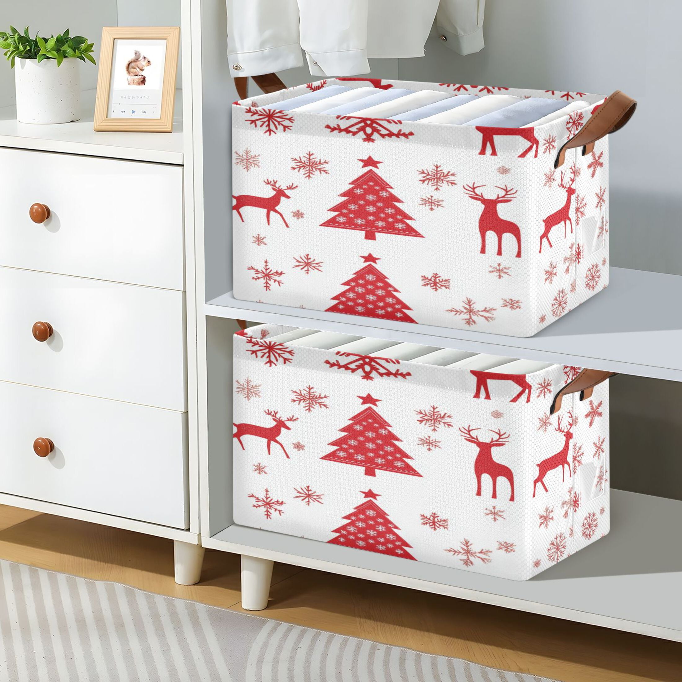 BZSMCE Collapsible Fabric Cube Storage Bins Red Christmas Pattern Design Pattern Storage Box