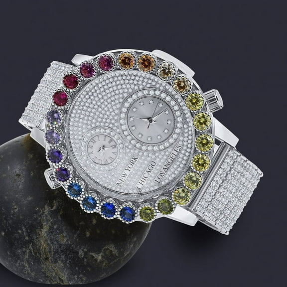 Solitaire Men's 18K White Gold Finish Rainbow Multi Tone Chronograph Real Diamond Dial Custom Bezel And Band Watch Analog 45mm W/Date