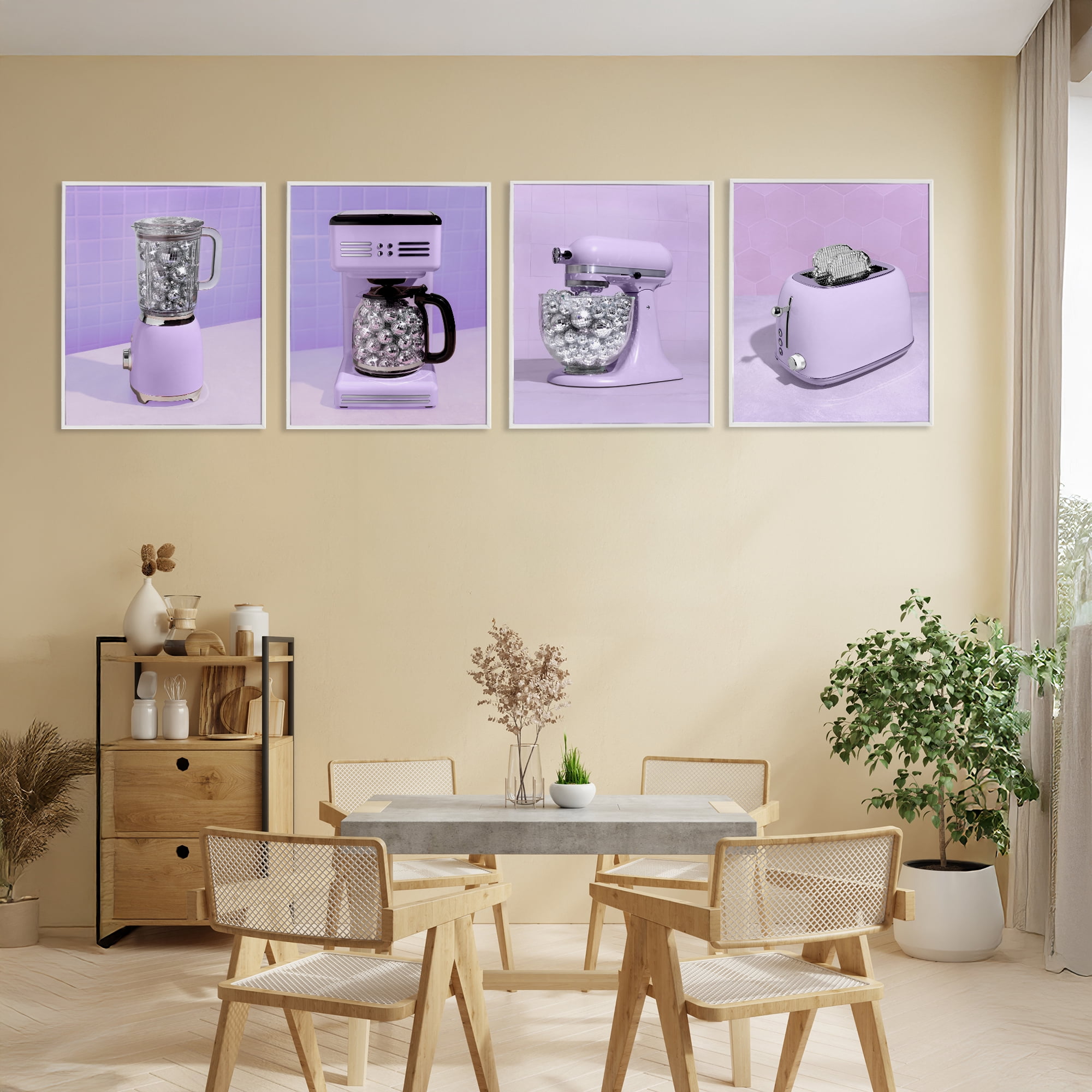 Stupell Industries Disco Kitchen Utensils in Purple 4 Piece White Framed Giclee Art Set, design by LISH Creative
