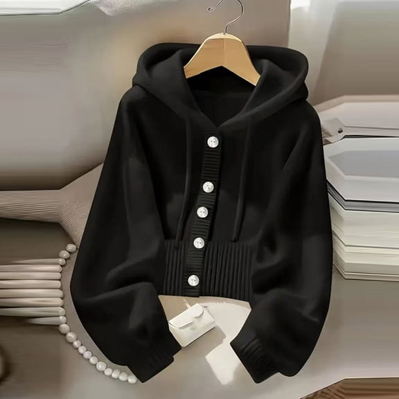 Xdegoge Cardigan for Women Button Down Long Sleeve Chunky Hooded Knit Sweaters Loose Fit Fall Winter Casual Ribbed Cuffs Comfy Crop Tops