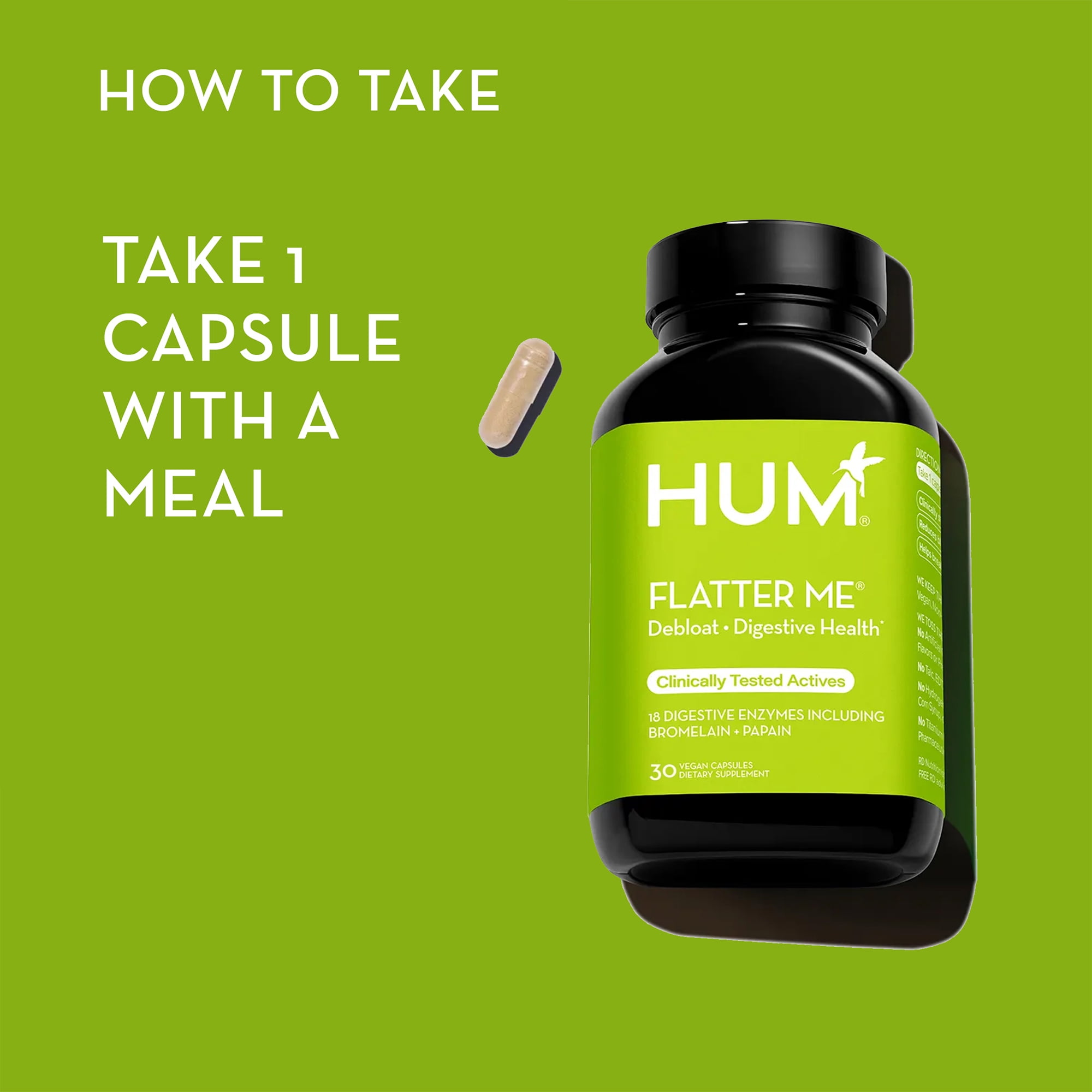 HUM Nutrition Flatter Me®, Digestive Enzyme Supplement for Bloating Relief, 30 Capsules
