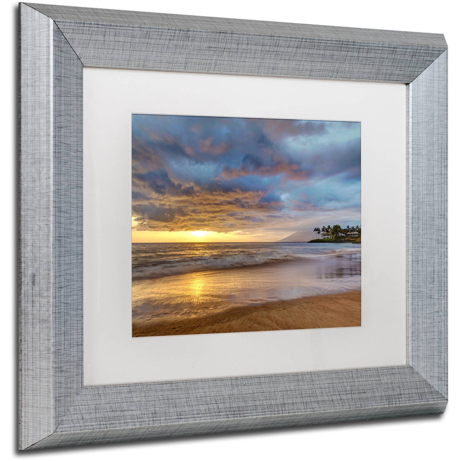 Trademark Fine Art 'Secret Beach Sunset' Canvas Art by Pierre Leclerc, White Matte, Silver Frame