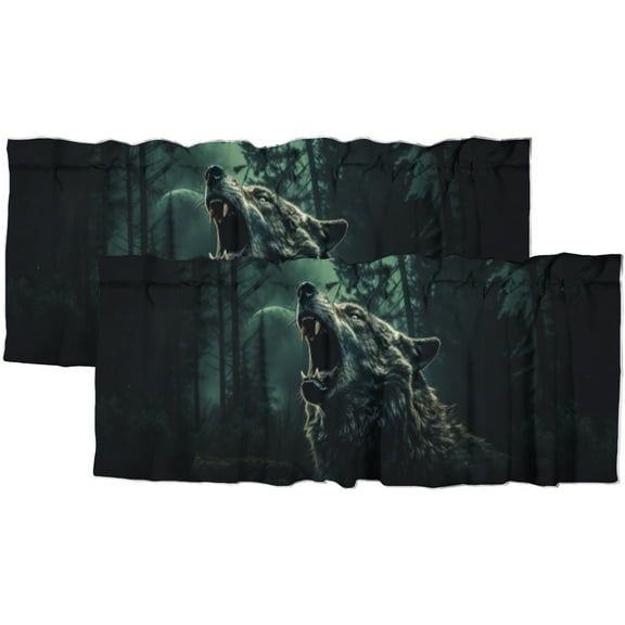 Wolf Kitchen Curtain Valances Wild Animals Howling Night Moon Forest Window Treatment for Living Room Bedroom Bathroom 54 by 18 in, 2 Panel