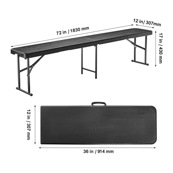 KFFKFF 6 ft Plastic Folding Bench, Portable Seat for Indoor/Outdoor Use, Ideal for Picnics, Parties, Camping, Dining, and Multipurpose Activities, Foldable Design with Smooth HDPE Surface, Black