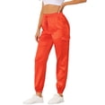 thumbnail image 1 of Pantalones cargo de satén sedoso de tiro alto elástico con cordón para mujer Naranja brillante XL, 1 of 6