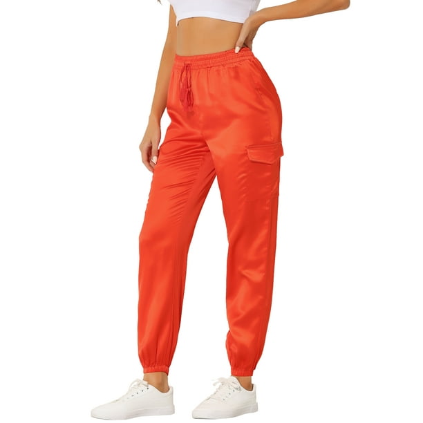 Pantalones cargo de satén sedoso de tiro alto elástico con cordón para mujer Naranja brillante XL