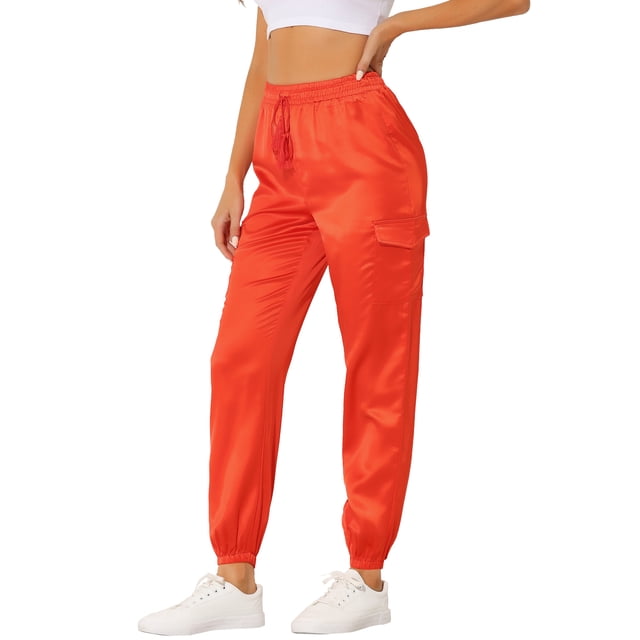 Pantalones cargo de satén sedoso de tiro alto elástico con cordón para mujer Naranja brillante XL