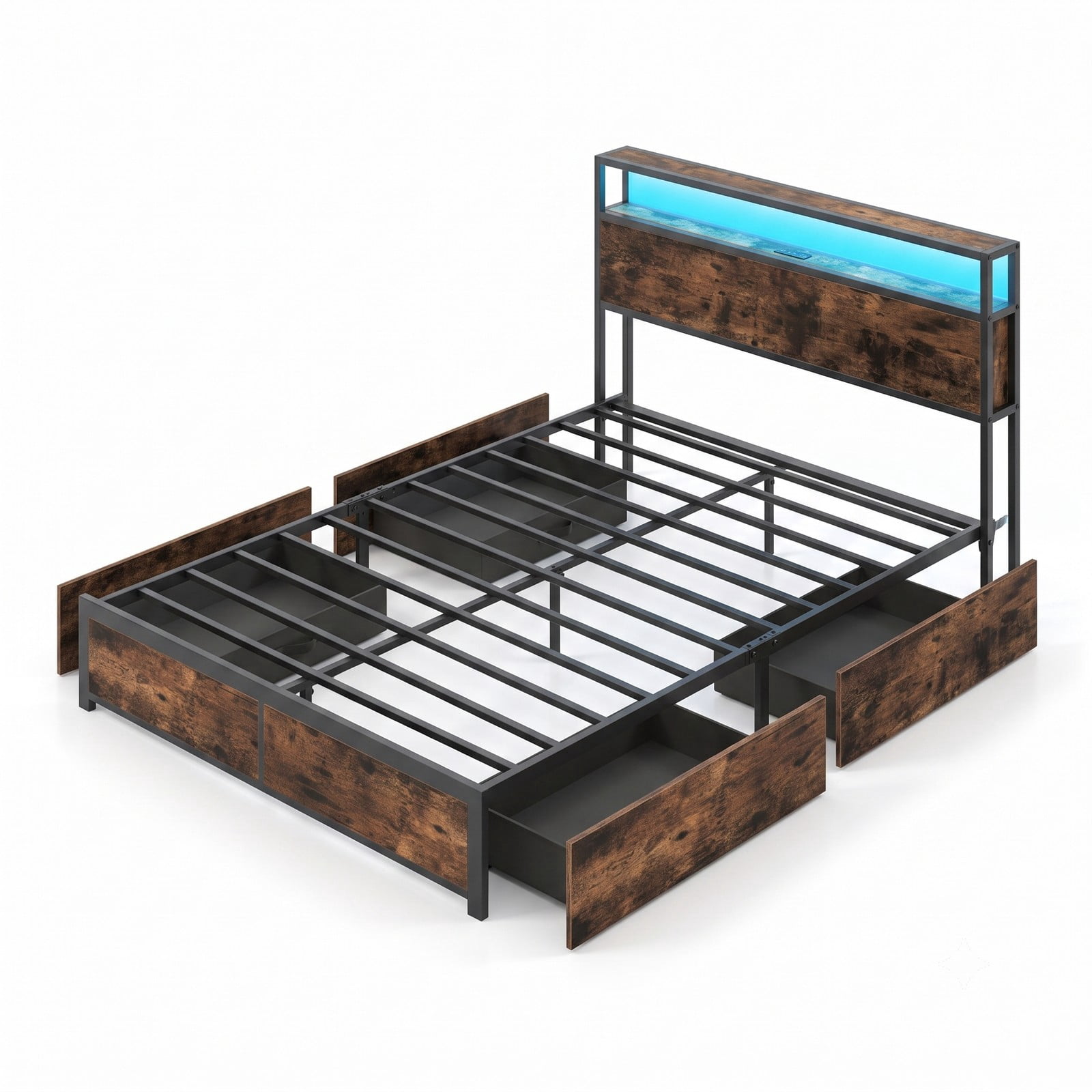 Furnibear Queen Size Bed Frame with 4 Storage Drawers, Metal LED Platform Bed with Charging Station and 2-Tier Headboard, Rustic Brown