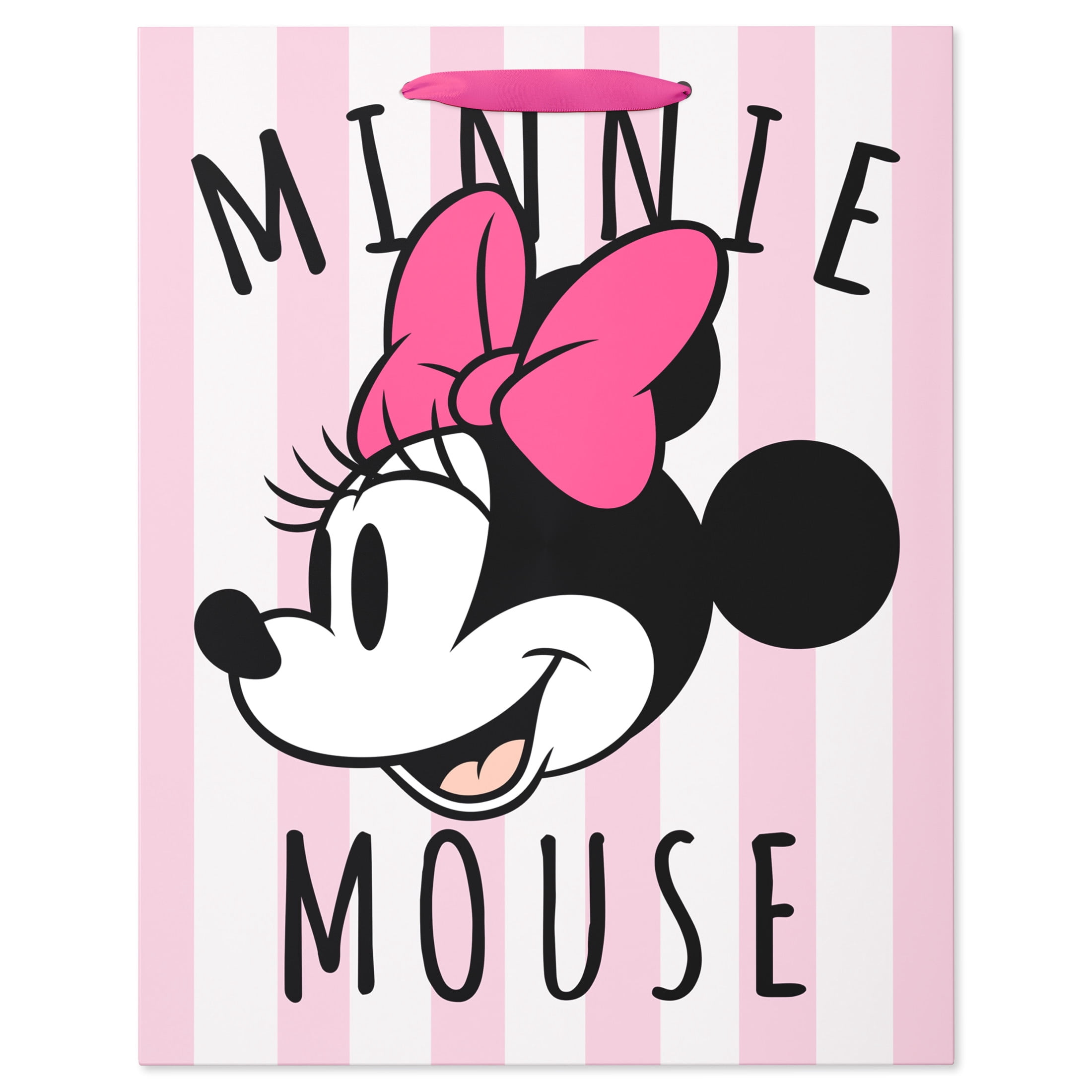 American Greetings 12.75 in. Large Minnie Mouse Pink Gift Bag, Pink and White Stripes (1-Count)