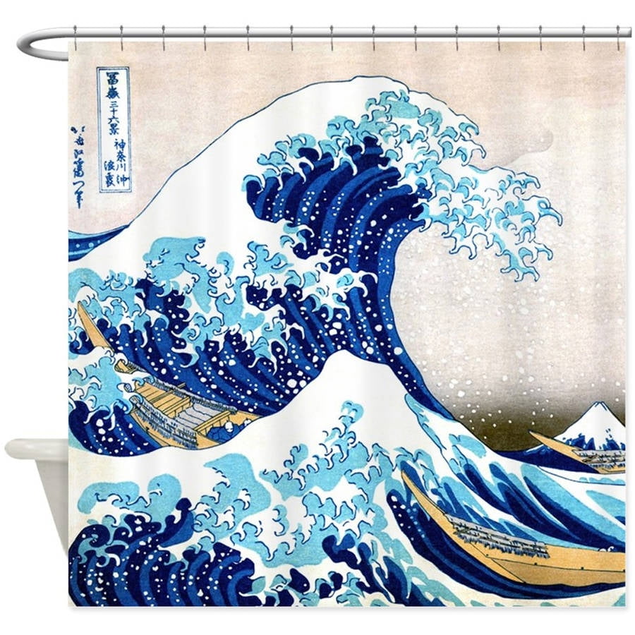 Japanese Wave Shower Curtain Oriental Vintage Print for Bathroom