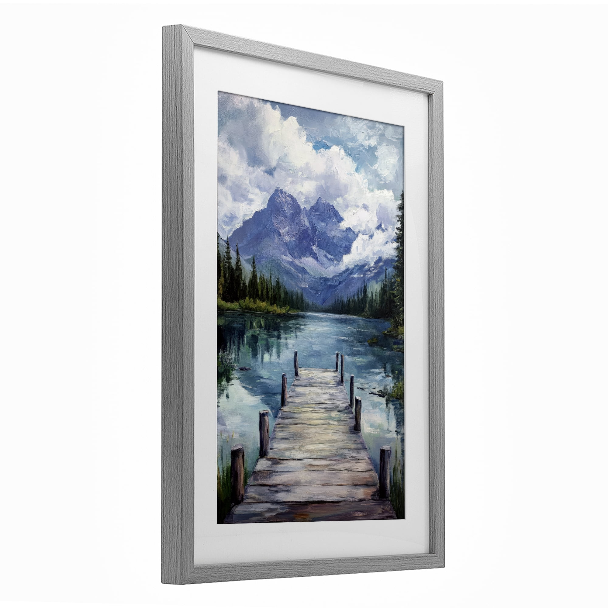 Stupell Industries Weathered Dock on Mountain Lake Gray Framed Print Under Glass, design by Petal Prints Design