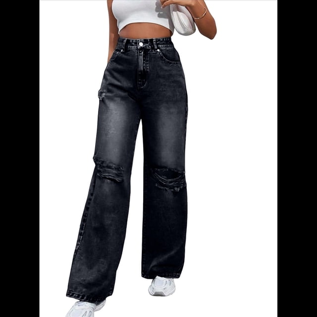 Pantalones Vaqueros Rotos de Cintura Alta para Mujer, Desgastados, Holgados, Rectos y de Pierna Gris Oscuro M