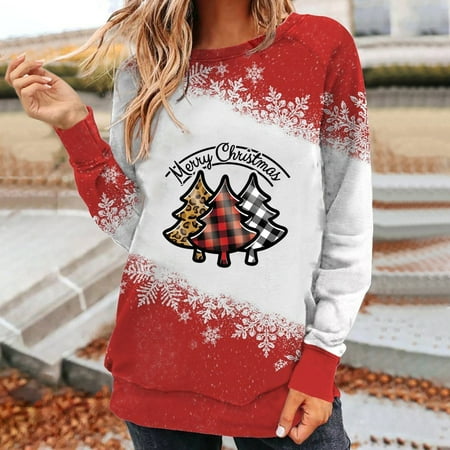 

jsaierl Womens Oversized Sweatshirts Crew Neck Long Sleeve Shirts Christmas Tree Print Tops Hippie Graphic Blouse Tee Pullover for Teen Girls