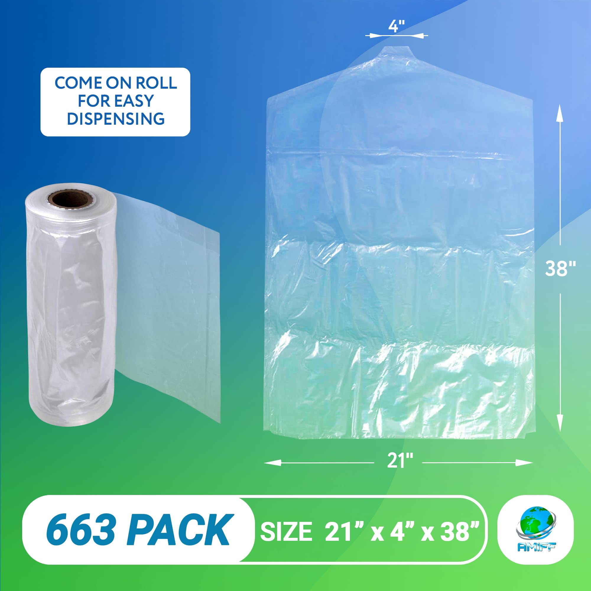 Clear Garment Bags on Roll, Hanging Clothes Hanger Hole, 663 Count, 21 x 4 x 38 in