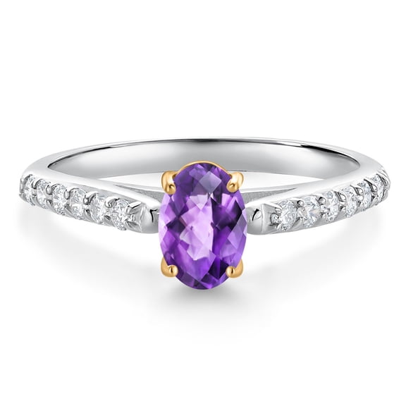 Gem Stone King 10K White and Yellow Gold Purple Amethyst and White Lab Grown Diamond Engagement Ring for Women (0.93 Cttw, Oval Checkerboard 7X5MM, Gemstone February Birthstone, Size 9)