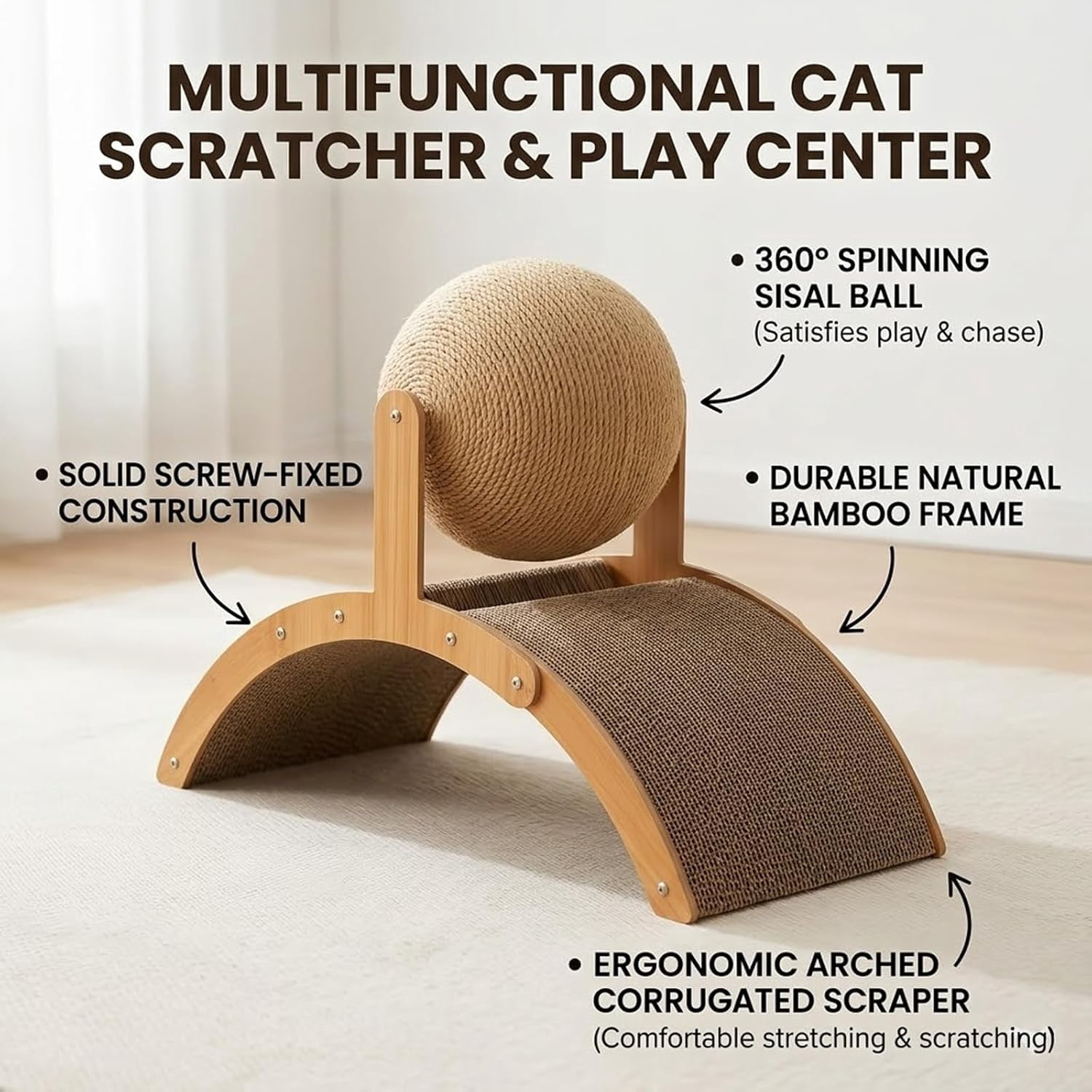JEBTBFZE Cat Scratching Ball on Stand, Cat Scratching Post with Arch Bridge Balls, Interactive Cat Scratcher with 360° Rotating Sisal Ball, for Indoor Cats Kittens,Protects Furniture & Rugs (S)