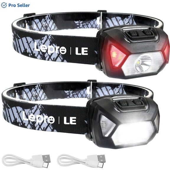 Lepro Rechargeable LED Headlamp 2-Pack, 2000 Lux Brightness, 6 Modes Including Red Light, Adjustable Strap, IPX4 Waterproof