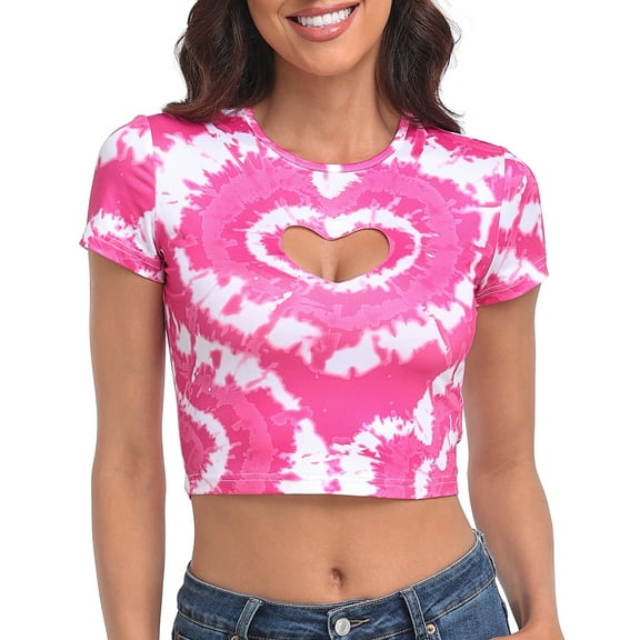 HDE Women's Heart Cut Out Crop Top Short Sleeve T Shirt Pink Tie Dye - XS