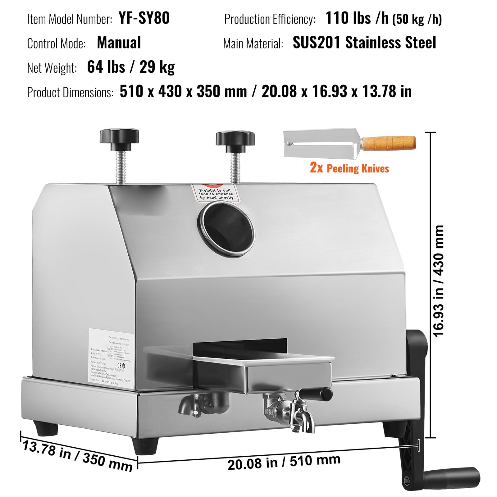 KFFKFF Commercial Sugar Cane Juicer, 110LBS/H Output Machine with 3 Stainless Steel Rollers, 2.4" Wide Inlet, Manual Juice Extractor for Home and Business Use