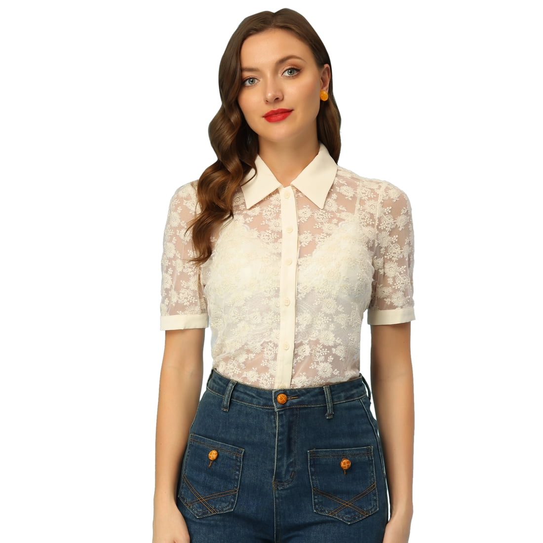 Unique Bargains Floral Lace Shirt for Women s Short Sleeve Semi Sheer Button Down Blouse X Small Beige