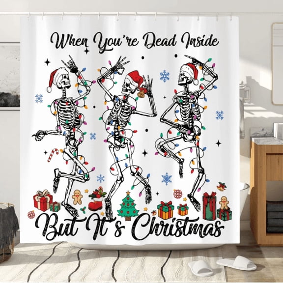 Christmas Shower Curtain, Merry Xmas Funny Skull Skeleton Colourful Lamp Christmas Tree Shower Curtain, Winter Holiday Happy New Year Fabric Bathroom Decor Shower Curtain with Hooks,72X72