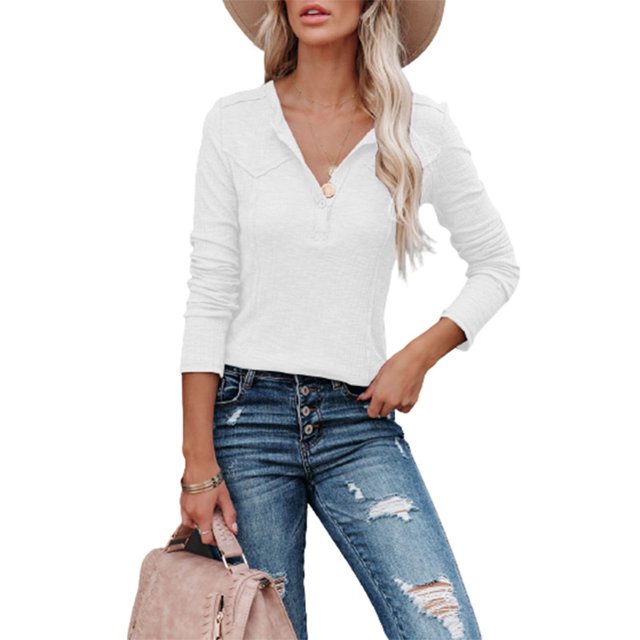 Blusa elegante y ajustada de color puro, diseño de medio botón, blusa blanca de manga larga con cuello en V, talla M