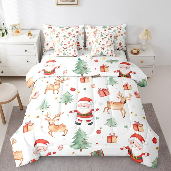 jejeloiu Kawaii Santa Claus Twin Bedding Sets 7-Piece,Merry Christmas Bedding Comforter Set,Xmas Reindeer Gifts Sheet Sets For Children,Lightweight Room Decor Reversible